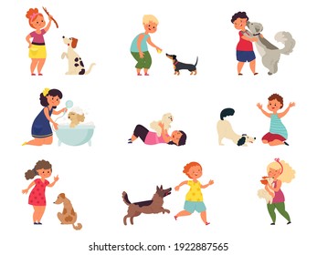 Kids with dogs. Pet playing, girl boy petting dog. Children play puppy, feeding walking cartoon domestic animals decent vector collection