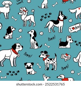 Kids dogs seamless pattern. Doodle background with white and black dogs of different breeds. Bones, paw prints and inscriptions woof and i love dogs