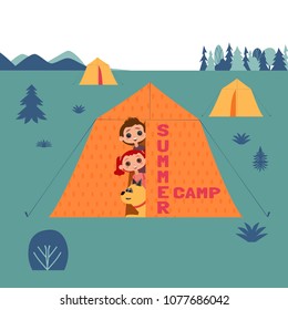 Kids and dogs summer camp concept. Cute colorful cartoon. Happy children boy, girl, dog pet in camping tent. Vacation season outdoor sports and fun for childs and domestic canines. Vector illustration