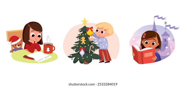 Kids doing activities. Child girl writing a letter to Santa Claus, boy decorating a Christmas tree. Child girl reading a book. Kids prepare for Christmas activities. Girl is reading an exciting book.