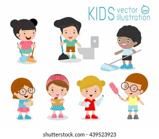 Kids Doing Cleaning, Kids Washing And Cleaning House, Children Members Doing Different Chores Illustration, Child Cleaning, Kids Cleaning, Set Of Cute Kids To Do Housework On White Background 