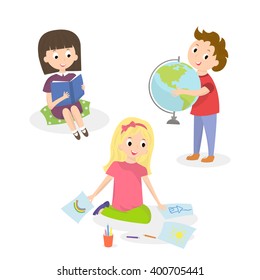 Kids doing different activities. Children painting and study. Vector illustration