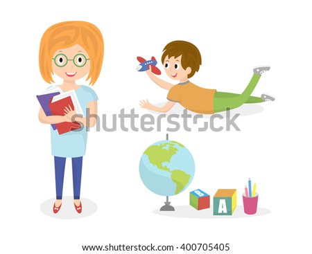 Kids doing different activities. Children painting and study. Vector illustration