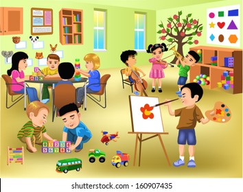 kids doing different activities in kindergarten