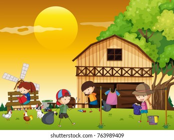 Kids doing different chores in the farm illustration