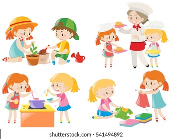 Kids doing different chores illustration