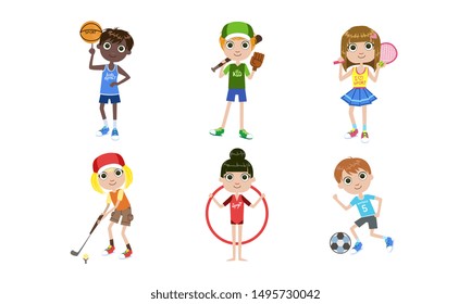 Kids Doing Different Kind of Sports Set, Boys and Girls Playing Volleyball, Basketball, Tennis, Golf, Soccer Vector Illustration