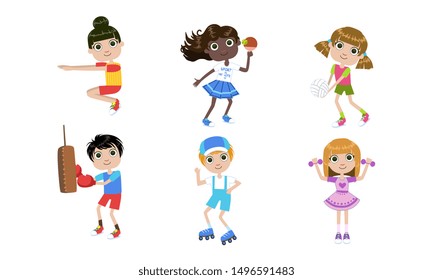 Kids Doing Different Kind of Sports Set, Boys and Girls Playing Table Tennis, Volleyball, Squatting, Exercising with Dumbbells Vector Illustration