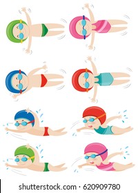 Kids doing different swimming strokes illustration