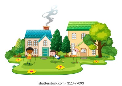 Kids doing exercises in front of houses illustration