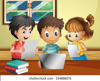 Kids doing homework with computer