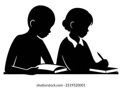 Kids doing homework silhouette vector illustration