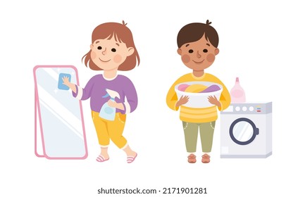 Kids doing household chores set. Cute children doing laundry and cleaning mirror cartoon vector illustration
