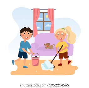 Kids doing housework chores at home. family domestic cleaning dirty floor or regular household working. Flat cartoon vector illustration concept design. Simple art isolated on white background.