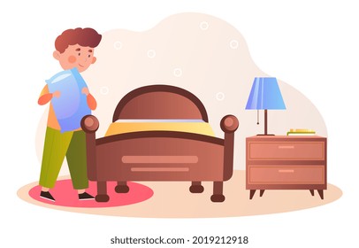 Kids doing housework chores at home, boy ready for bed, deep dream preparation, daytime or night sleep. Flat cartoon vector illustration concept realism design style isolated on white background.