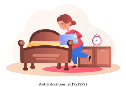 Kids doing housework chores at home, girl ready for bed, deep dream preparation, daytime or night sleep. Flat cartoon vector illustration concept realism design style isolated on white background.