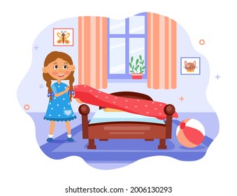 Kids doing housework concept. A little cheerful girl makes her bed after sleeping. Tidying up his room. An obedient child. Cartoon modern flat vector illustration isolated on a white background