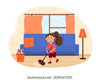 Kids doing housework concept. Little girl holds mop in her hands and cleans floor in apartment. Hardworking child. Cleanliness in house. Cartoon flat vector illustration isolated on white background