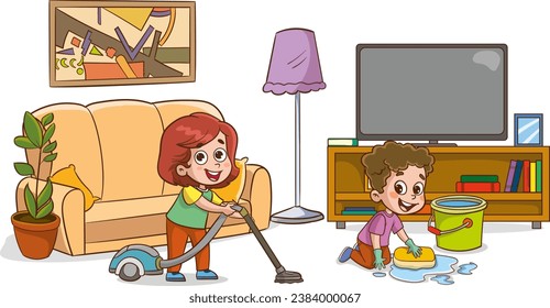 Kids doing housework in living room. Boy vacuuming carper, girls wiping mirror and washing floor with mop. Children doing household chores together, cleaning home vector illustration