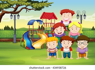 Kids Doing Human Pyramid On Grass Illustration