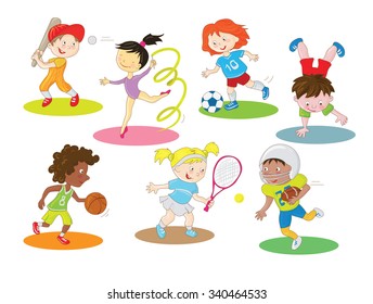 Kids are doing indoor and outdoor sports. Cartoon clip art characters collection in a simple style with colorful color scheme.