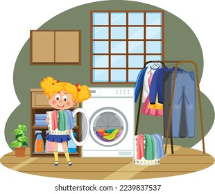 Kids doing laundry with washing machine illustration