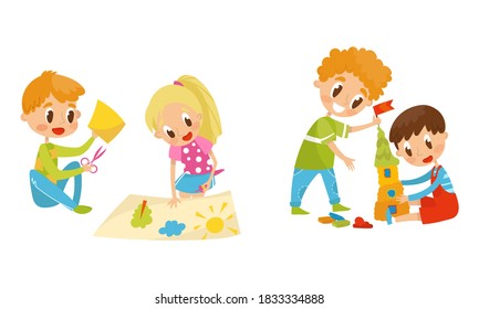 Kids Doing Paper Crafting and Modeling Castle from Plasticine Vector Set