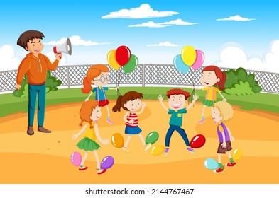 Kids doing physical activity with balloons illustration