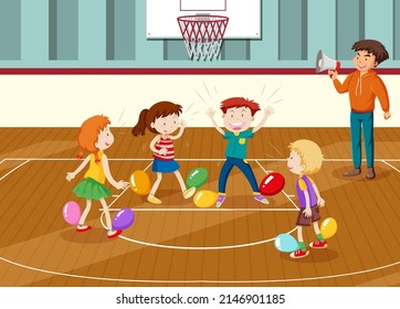 Niños haciendo actividad física con ilustración de globos