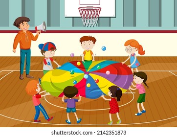 Kids doing physical activity with colourful balls illustration
