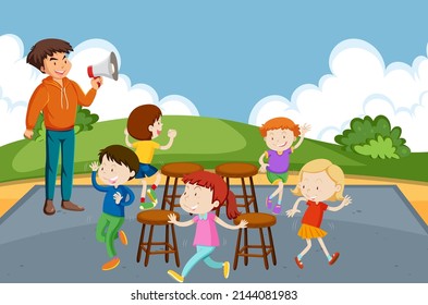 Kids doing physical activity with music chair illustration