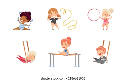 Kids doing rhythmic and sports gymnastics set. Boys and girls exercising with hula hoop, parallel bars and gymnastic rings vector illustration