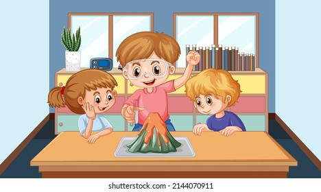 Kids doing science experiments on volcanic eruptions in school illustration