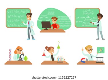 Kids doing science research in school science class laboratories, educational science activities for children vector Illustrations on a white background