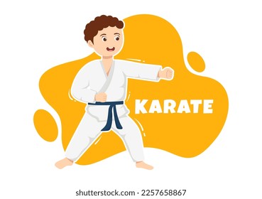 Niños haciendo algunos movimientos de artes marciales de karate básico, enfrentando la presión y usando kimono en mano de caricatura dibujada para aterrizar plantillas de plantillas Ilustración