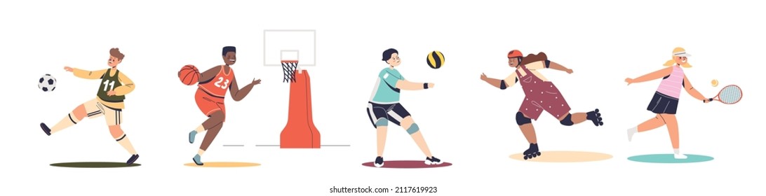 Kids doing sport activities, play football, basketball, tennis, volleyball, riding roller skates. Children and athletic hobby recreation concept. Cartoon flat vector illustration