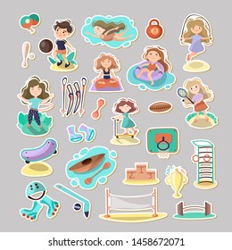 Kids doing sport games, vector cartoon illustration. Playing, jumping, swimming boys and girls with sports equipment, balls. Sport games and summer kids activities with equipment on white background