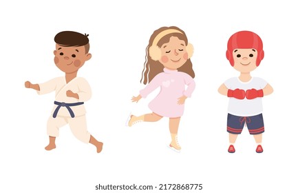 Kids doing sports set. Cute children doing karate, skating on rink and boxing cartoon vector illustration