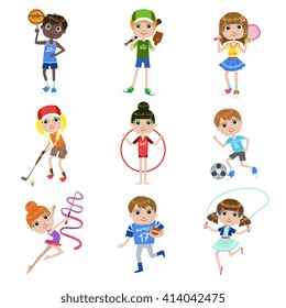 Kids Doing Sports Set Of Simple Design Illustrations In Cute Fun Cartoon Style Isolated On White Background