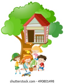Kids doing things in the garden illustration