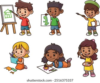 Crianças fazendo várias atividades como desenho, pintura e corte de papel. As ilustrações vetoriais são agrupadas com cada imagem em uma camada separada.