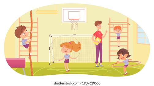 Kids doing various sports in physical education class at school. Children with teacher doing exercise in PE vector illustration. Girl skipping, with hula hoop, boy climbing and hanging on bar.