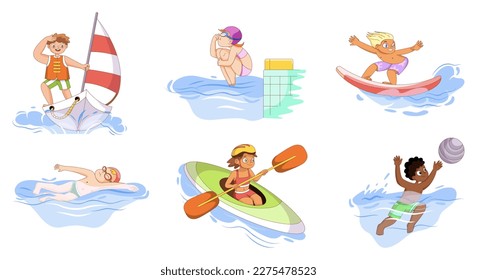 Kids doing water sports set. Swimming, surfing, water polo, canoeing, ski jumping and sailing. Boys and girls activity collection. Cartoon flat vector illustrations isolated on white background