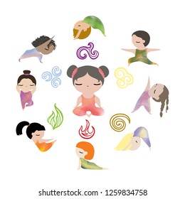 Kids doing yoga 9 poses set. Cute characters in a circle with 6 nature elements. Hand drawn vector illustration.