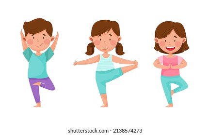 Kids doing yoga in different yoga poses. Cute children doing sports exercises cartoon vector illustration