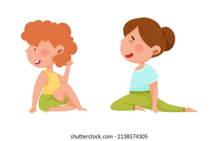 Kids doing yoga set. Cute girls doing sports exercises cartoon vector illustration