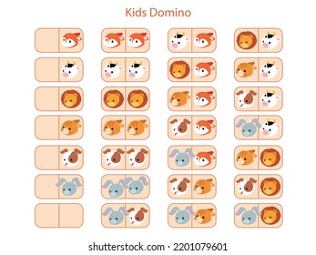 Kids Domino Game. Set of domino bones for Children. Cute animals on background. Vector illustration for game.

