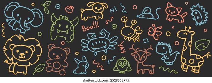 Conjunto de animales doodle para niños, dinosaurio lápiz de color de Vector, ilustración de animales y monstruos. Dibujos dibujados a mano del garabato de la historieta sobre fondo negro