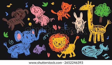 Kids doodle animal set, vector color pencil elephant, rabbit, lion, dog and giraffe illustration. Hand drawn cartoon scribble doodle drawings on black background