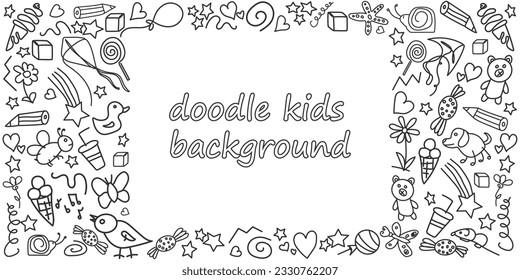 Kids doodle background. Template with children's black drawings. Horizontal frame. Outline drawn cartoon elements